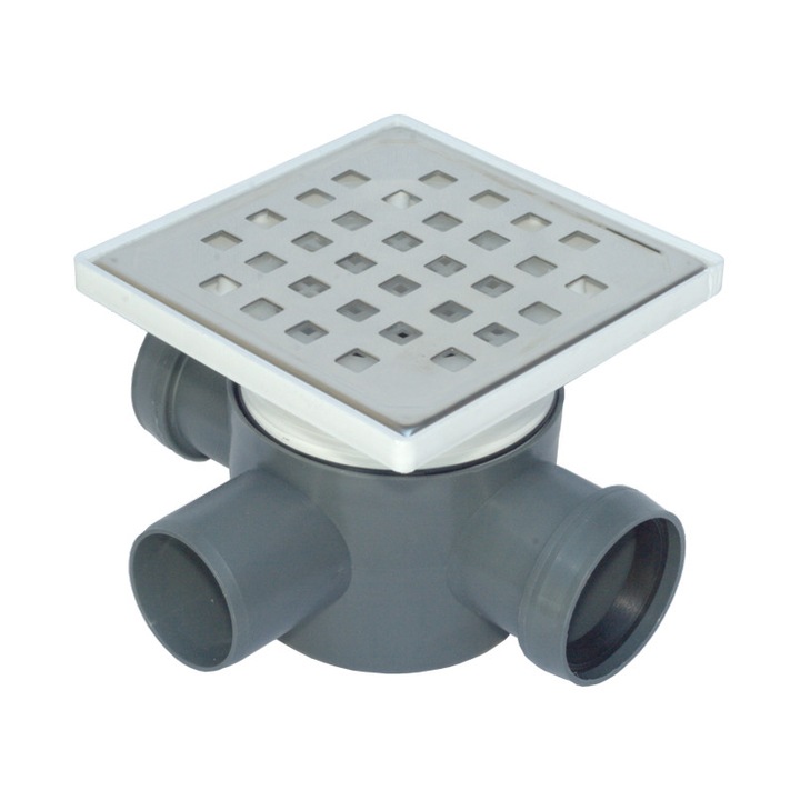 Sifon Pardoseala-H90 (2 intrari Ø50 stanga&dreapta, iesire laterala Ø50, cu inaltator, gratar INOX)