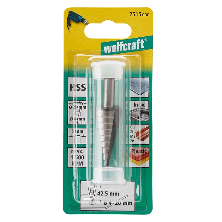 Burghiu in trepte Wolfcraft 2515000, diametre 4-20 mm, lungime activa 42.5 mm, tija 8 mm