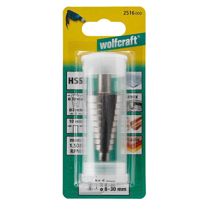 Burghiu in trepte Wolfcraft 2516000, diametre 8-30, lungime activa 52.5 mm, tija 10 mm