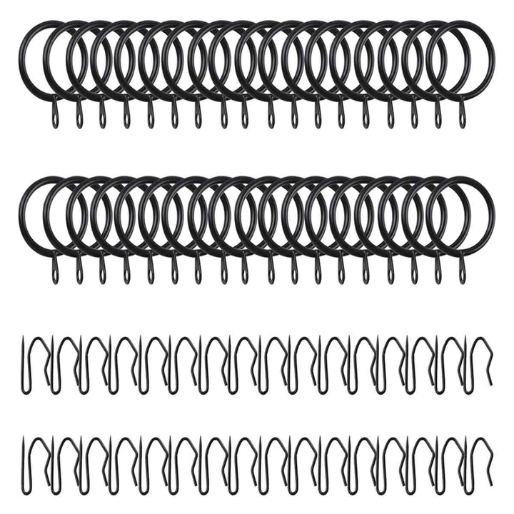 Set 50 inele metalice si 50 carlige metalice pentru perdele, argintiu, universal