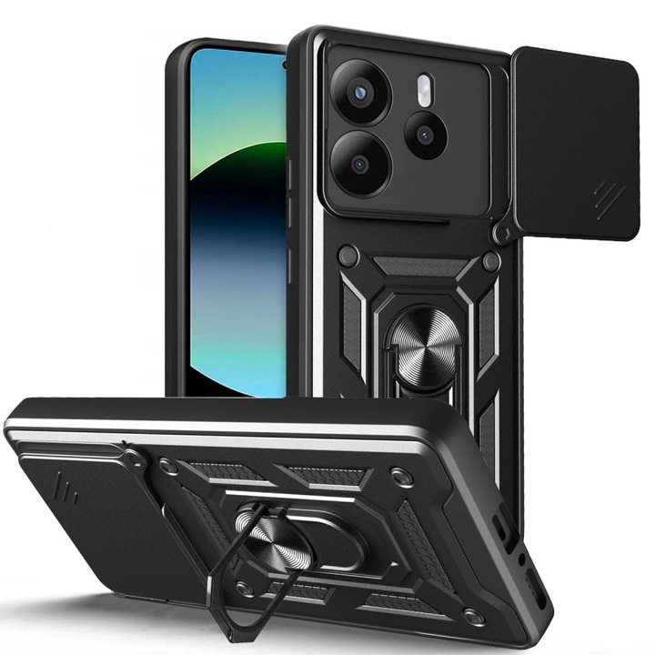 Калъф за телефон Tech-Protect CamShield Pro, черен мат, за Xiaomi Redmi Note 14 5G, със слайдер и 360° въртящ се пръстен