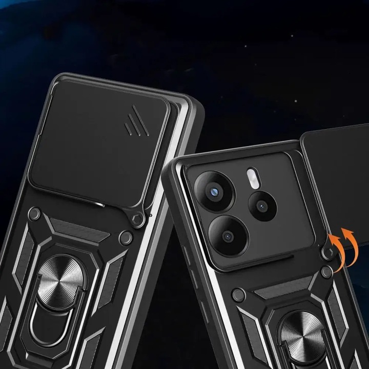 Xiaomi Redmi Note 14 5G kompatibilis telefontok - Camshield - fekete szilikon tok, kitámasztó ujjgyűrűvel, csúsztatható kameravédővel