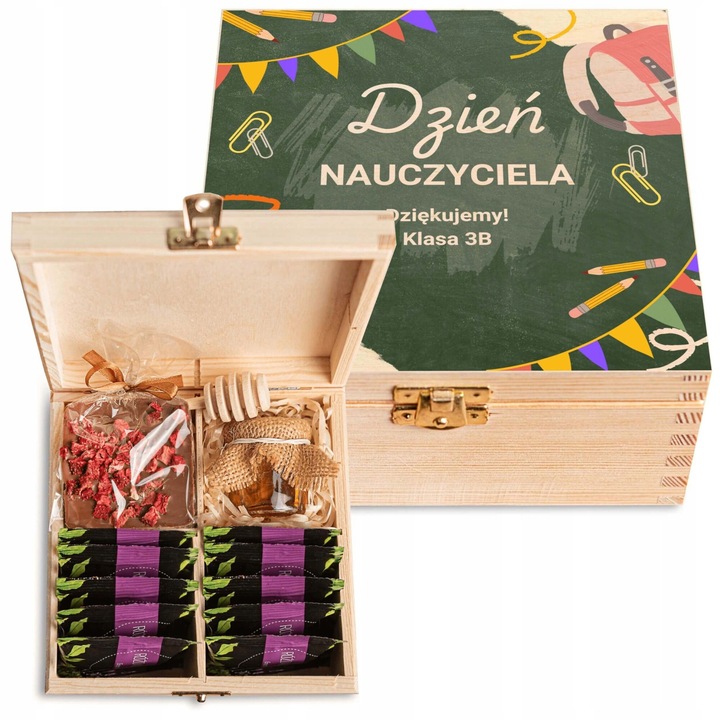 Set de ceaiuri, GREEN TOUCH, cu ciocolata si miere, cutie din lemn, 10 plicuri, 15,5x15,5x8cm