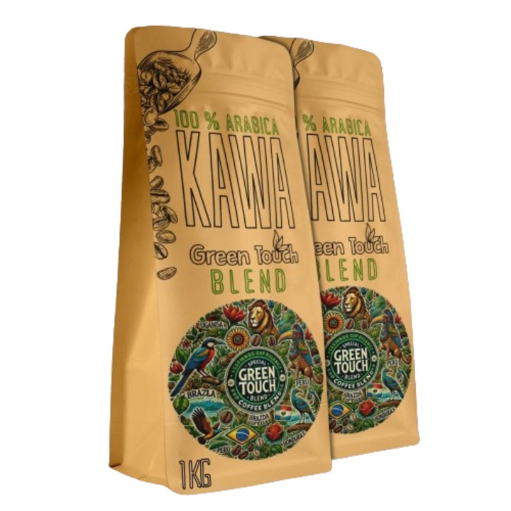 100% Arabica kávébab, Green Touch, keverék, 2kg, keverék Brazíliából, Peruból, Ugandából, Hondurasból, közepes pörkölésű