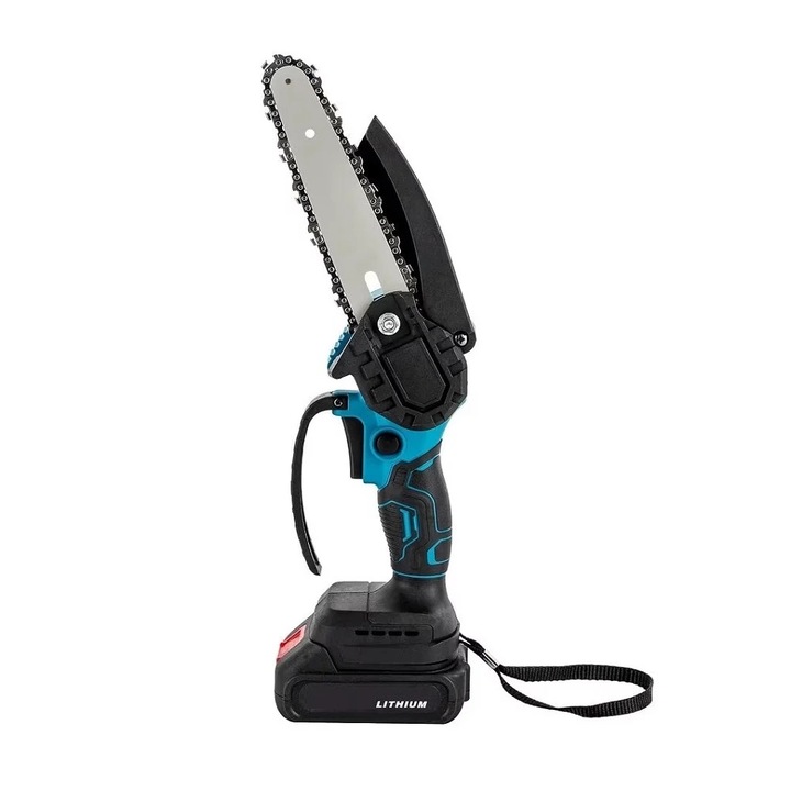 Mini drujba electrica fara fir, cu lama de 4 inci, 2 acumulatori de 48V, valiza si accesorii, negru-albastru