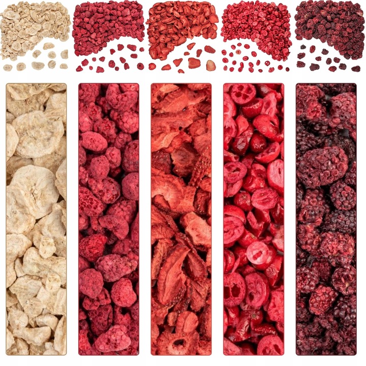 Set fructe liofilizate 5 tipuri, GREEN TOUCH, zmeura, capsuni, banana, merisor, mure, 130 g