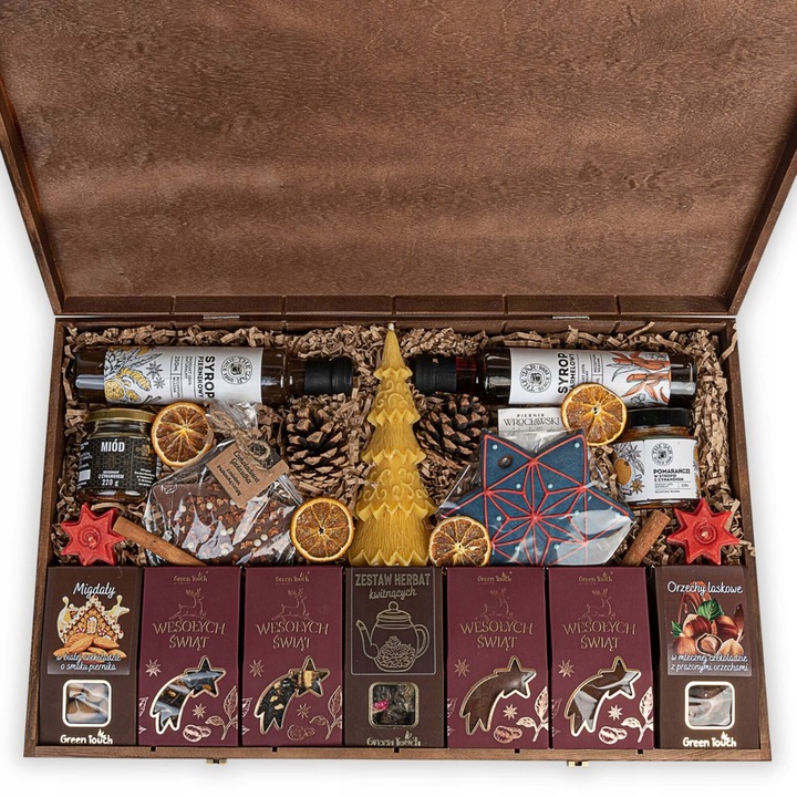 Pachet cadou, Green Touch, set 16 produse, cafea, ceai, ciocolata, multicolor, 58x35x9cm