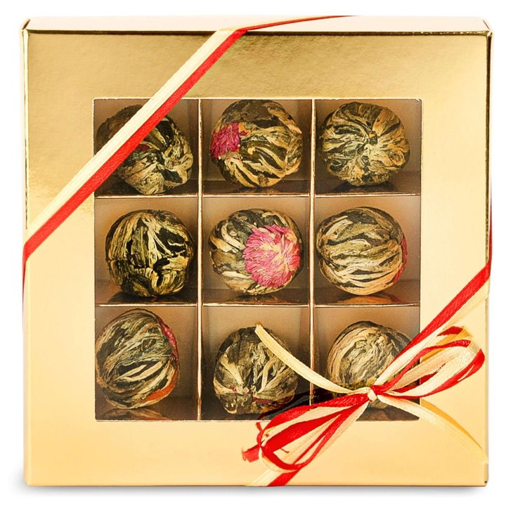 Комплект от 9 флорални чая GREEN TOUCH, златиста кутия, 11 x 11 x 3 см