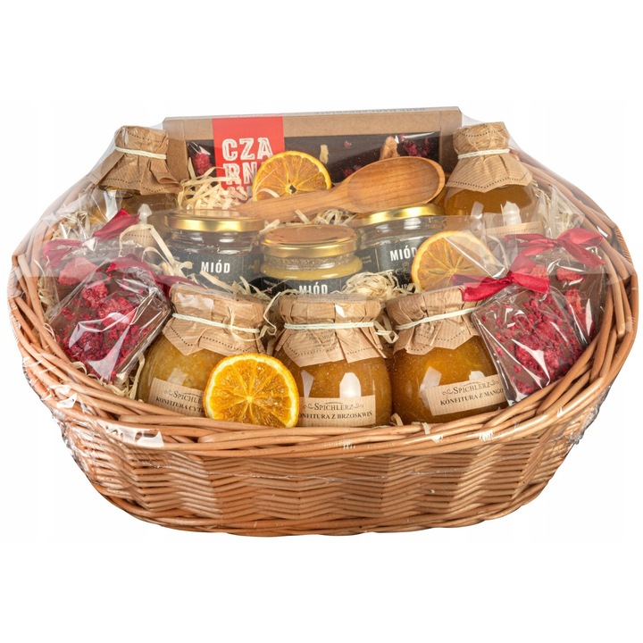 Cos cadou din ratan, GREEN TOUCH, set gourmet, ciocolata neagra 57%, miere naturala 220g, 45x49x34x20cm