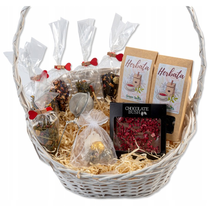 Cos cadou cu ceaiuri si ciocolata premiu, GREEN TOUCH, 140g ceai, 50x37cm, Multicolor