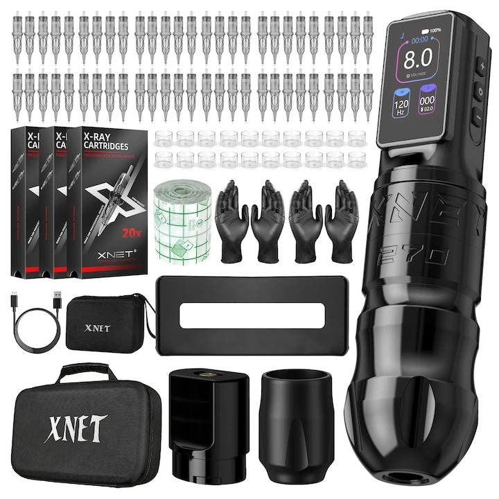 Машинка за татуировки XNET Titan270, безчетков мотор, 2400mAh, черна, пълен комплект с 60 рентгенови касети