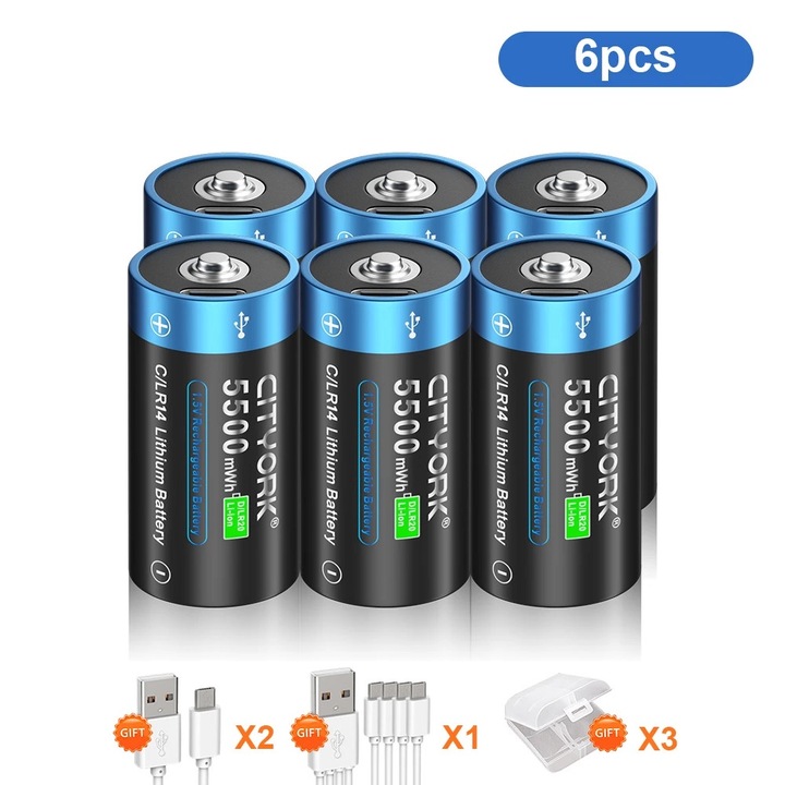 Set 6 Baterii R14 Reincarcabile 5500mAh, Incarcare USB Type-C, Material PC Ignifug si Inox