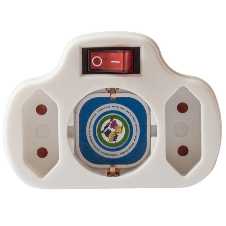 Adaptor triplu cu intrerupator Commel , protecie copii, intrerupator, 1 Schuko + 2 EU