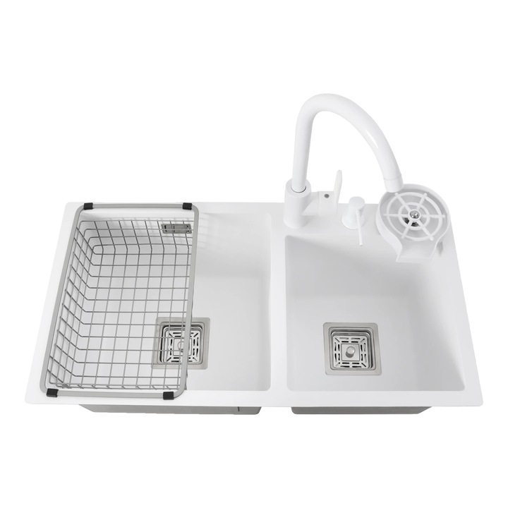 Chiuveta dubla, inox, design modern, alb, 71x38x21cm