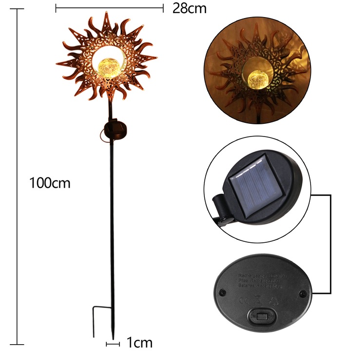 Lampa solara decorativa, Bizaical, din otel inoxidabil si sticla crackle, impermeabile, LED alb cald