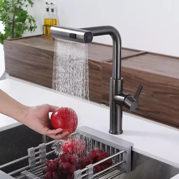 Rugalmas szaniter csaptelep kihúzható zuhanyfejjel, fekete, rozsdamentes acél, munkalapra szerelhető