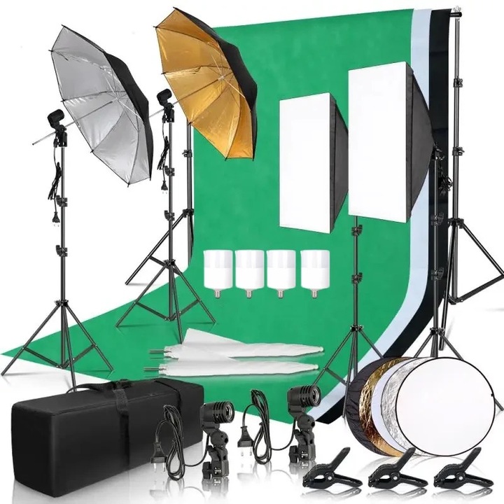 Set de Iluminare Fotografie cu Fundal, 2 Softbox-uri 50x70cm, Umbrele Reflectoare, 3 Fundaluri 1.6x3m Multicolor, 4 Stative Reglabile 2M, Geanta Transport