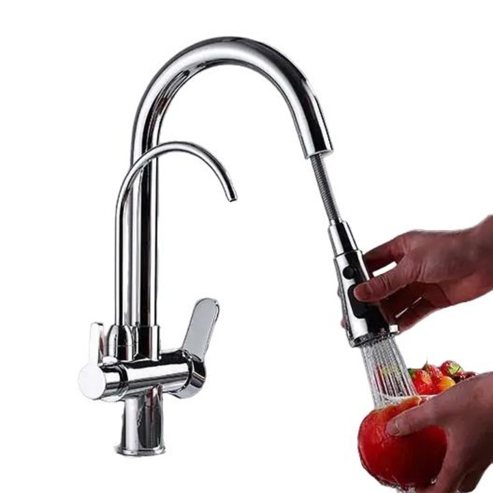 Szaniter csaptelep, hideg-meleg víz szabályozás, rugalmas kivitel, krómozott