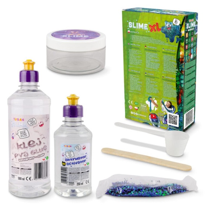 Комплект Super Slime Kameleon, 500 ml, тюркоазено лепило, 250 ml активатор, 6 g минерален блясък, 500 g