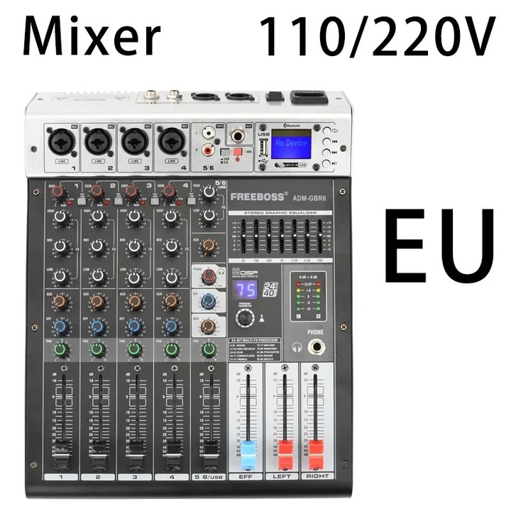 Audiokeverő, 6 csatorna, USB funkció, Bluetooth csatlakozás, 48V, DSP effektek 99