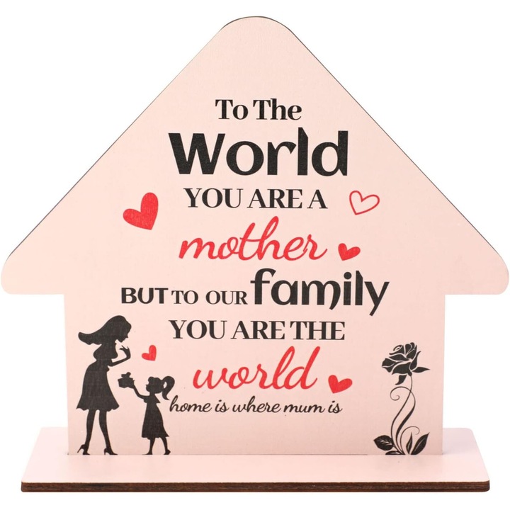 Tablica din lemn pentru mama, design casa, dimensiuni 21x19 cm, naturala, cu texte in engleza