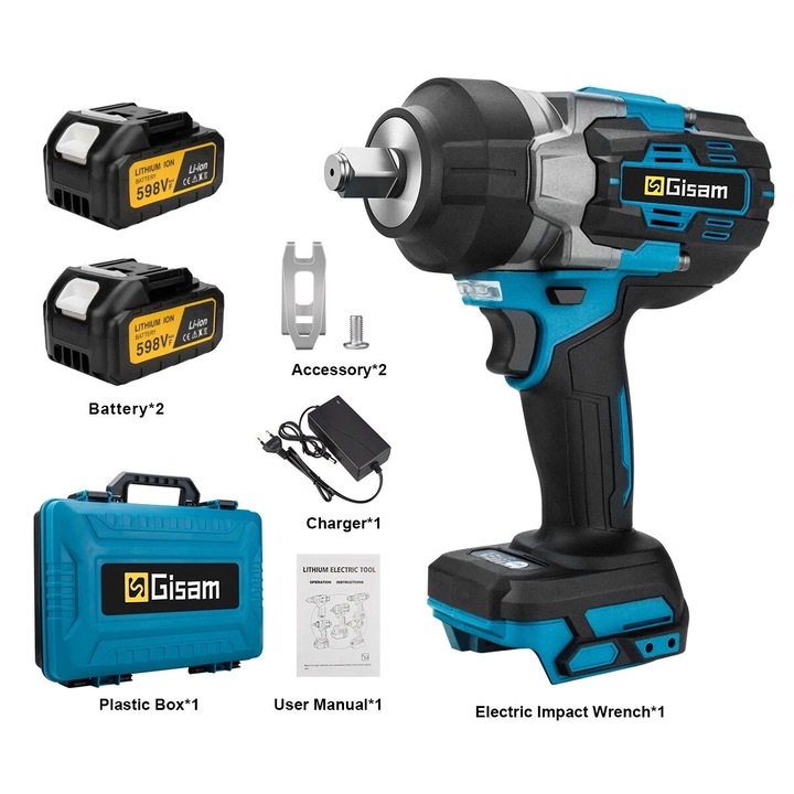 Masina de insurubat cu impact, Gisam, 2800 N.M, motor fara perii, 2 baterii, cutie plastic