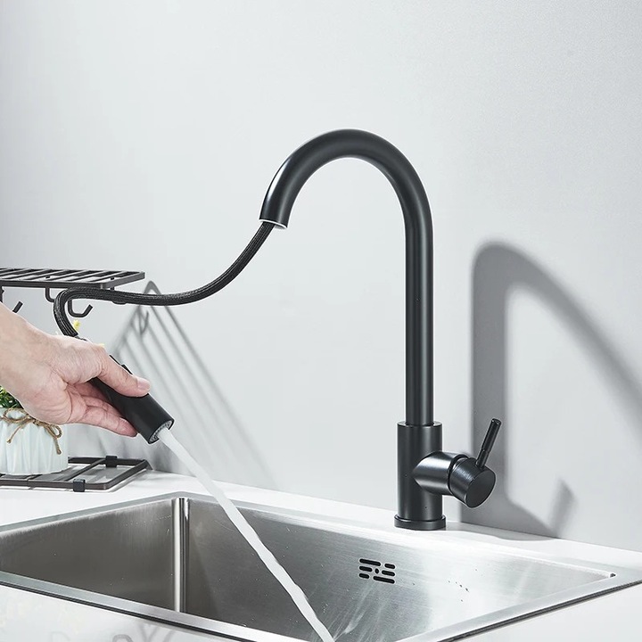 Konyhai mosogató csaptelep, rozsdamentes acél, rugalmas, kihúzható kifolyóval, fekete, munkalapra szerelhető