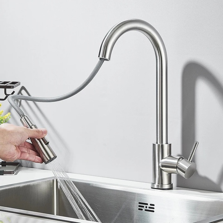 Konyhai mosogató csaptelep, flexibilis zuhany, pultra szerelhető, rozsdamentes acél, ezüst