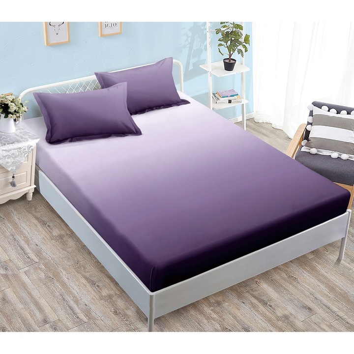 Set Husa de pat cu elastic CHIRASO, din Finet, Cearceaf cu elastic 180 x 200 cm si 2 fete de perna 52 x 80 cm, 3 piese, degrade, mov prafuit