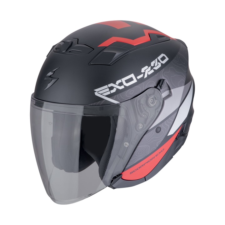 Каска SCORPION EXO-230 Band Matt Black-Red-Silver open face/jet, включва слънчеви очила, размер L