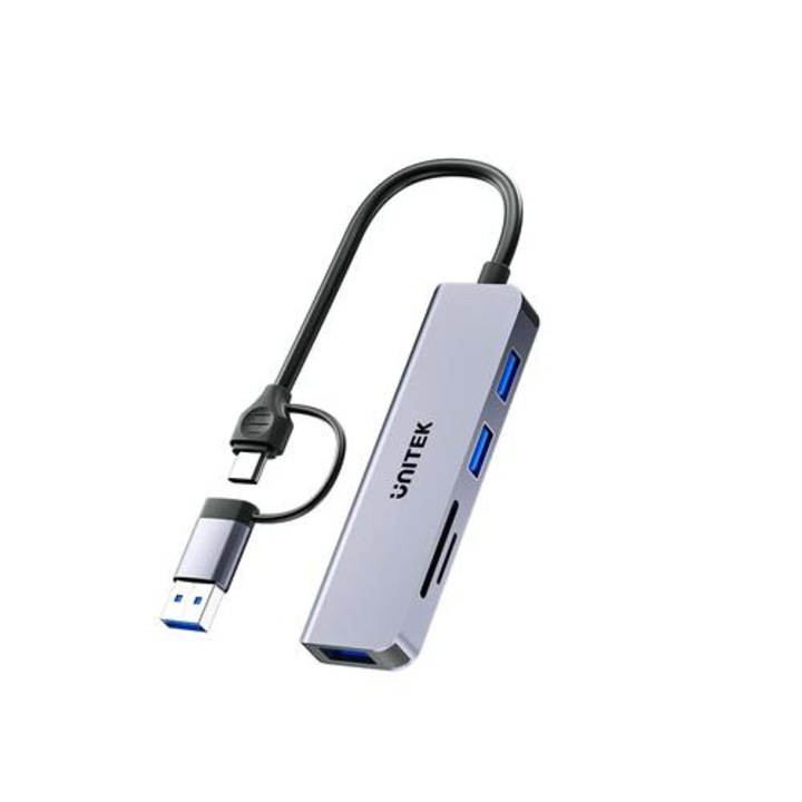 USB хъб, Unitek H1320AGY01 HUB, USB-C/USB-A 3 port uHUB P5 - USB3.0 x 3, Card reader, Aluminium