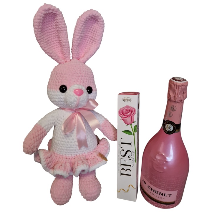 Pachet cadou pentru femei cu JP Chenet Rose, iepuras handmade, praline de ciocolata, ambalaj cadou