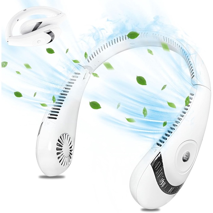 Преносим вентилатор за врат, 3 нива на скорост, дисплей за батерия/скорост, USB презареждащ се, Бели