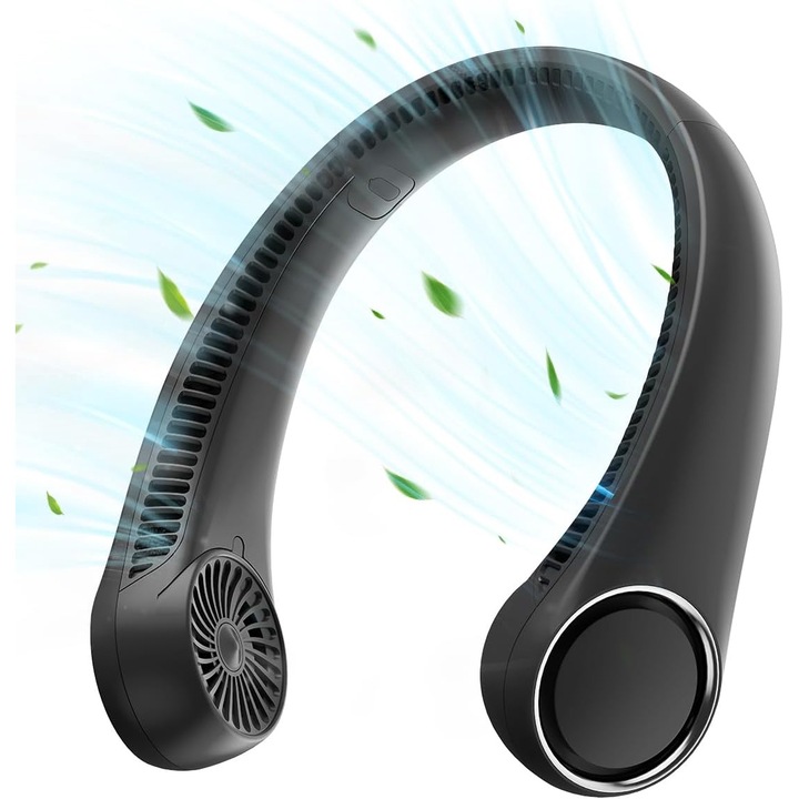 Nyakba akasztható ventilátor, 3 sebességfokozat, 4000 mAh, akár 17 óra üzemidő, USB, 8W teljesítmény, Fekete