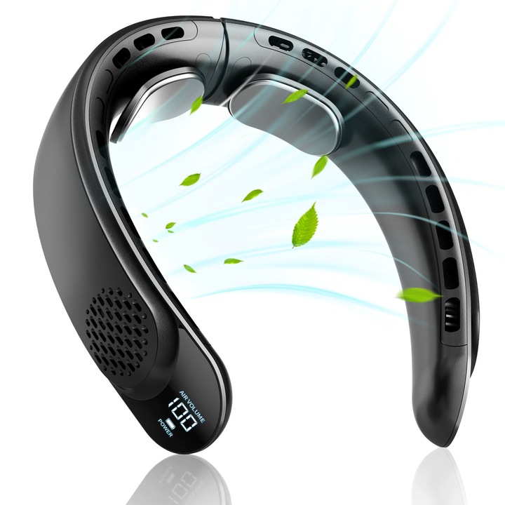 Nyakba akasztható ventilátor, 3 sebességfokozat, 4000 mAh, USB TYPE-C, akár 17 óra üzemidő, teljesítmény, Fekete