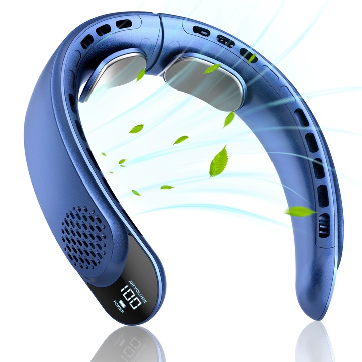 Nyakba akasztható ventilátor, 3 sebességfokozat, 4000 mAh, USB TYPE-C, akár 17 óra üzemidő, teljesítmény, Kék