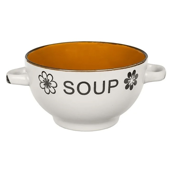 Купа за супа, 650 мл, 13.5 х 8 см, С дръжки, Керамика, Бежов/Кафяв