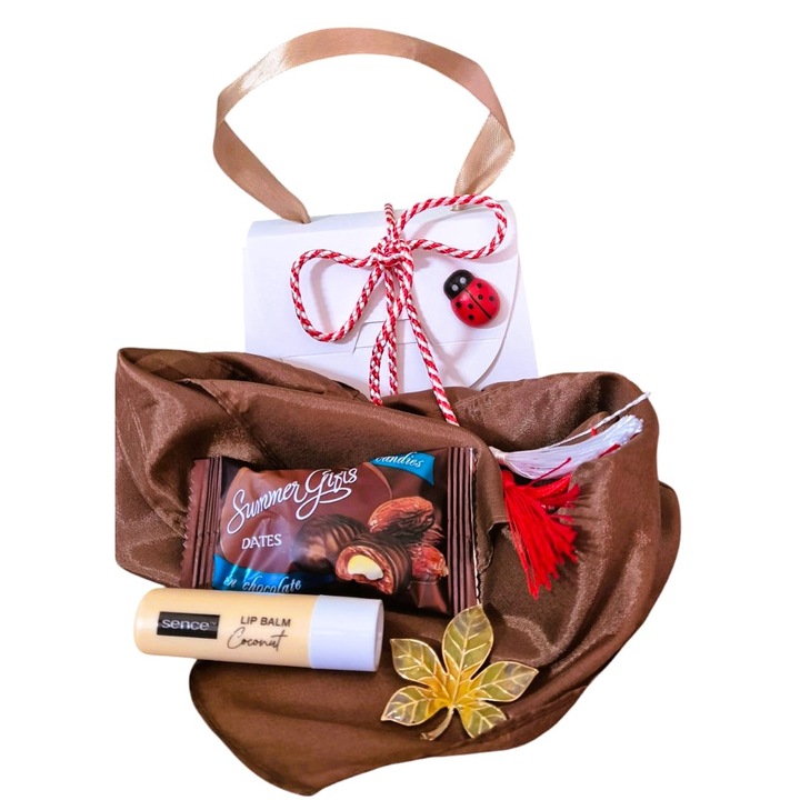 Pachet cadou Geanta carton alb cu esarfa matase naturala mocha