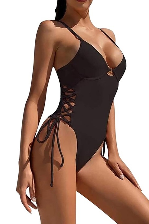 Costum de Baie Intreg, SINBINTA, Intreg, Push up, Curele reglabile, Burete detasabil, Decupaj lateral, Spate deschis, Pentru vacante tropicale, vara, plaja si piscina, luna de miere, croaziera, Bumbac, Negru, Negru