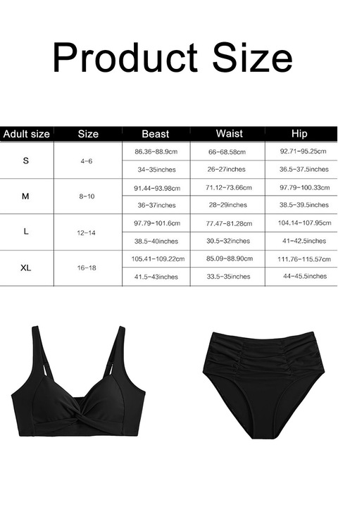 Costum de baie dama, SINBINTA, 2 piese, Push up, Curele reglabile, Burete detasabil, Talie inalta, Cu pliuri, Pentru vacante tropicale, vara, plaja si piscina, luna de miere, croaziera, Bumbac, Negru, Negru