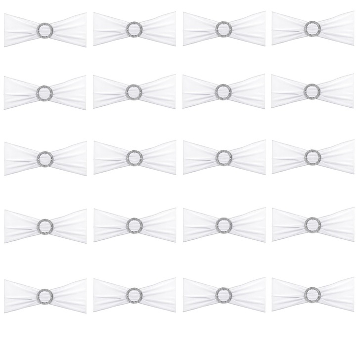 Set 20 huse scaun, SINBINTA, Set 20 fasii decorative pentru scaune, Elastic, Usor de curatat, Masina de spalat, Pentru decoratiuni pentru banchete, petreceri, evenimente hoteliere, Poliester, 35*14cm, Alb