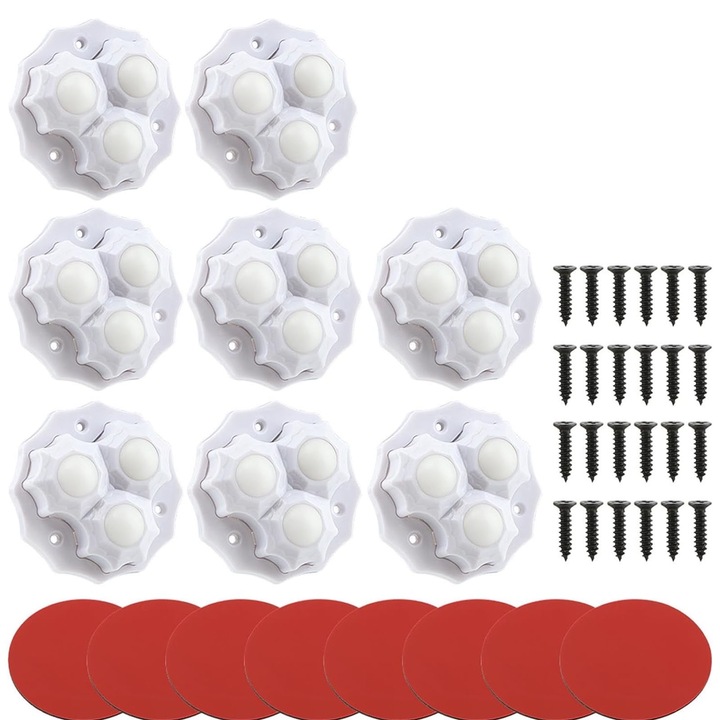 Set 8 role cu bile pentru mobila, SINBINTA, Cu 3 rulmenti cu bile, Autoadezive, 360 ° rola de transfer de bila cu roata universala 360 °, Usor de instalat, Pentru cutie de depozitare, mobilier mic, ABS/Nylon, 4.5*4.5*1.5cm, Alb