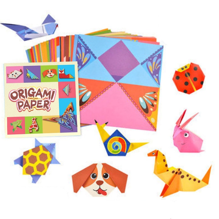 Origami készlet gyerekeknek, SINBINTA, 54 lapos origami papír gyerekeknek 27 modell útmutatóval, Könnyen hajtogatható és törhetetlen, Ünnepi ajándékoknak, kézműveskedéshez, barkácsoláshoz, 15*15 cm, Többszínű
