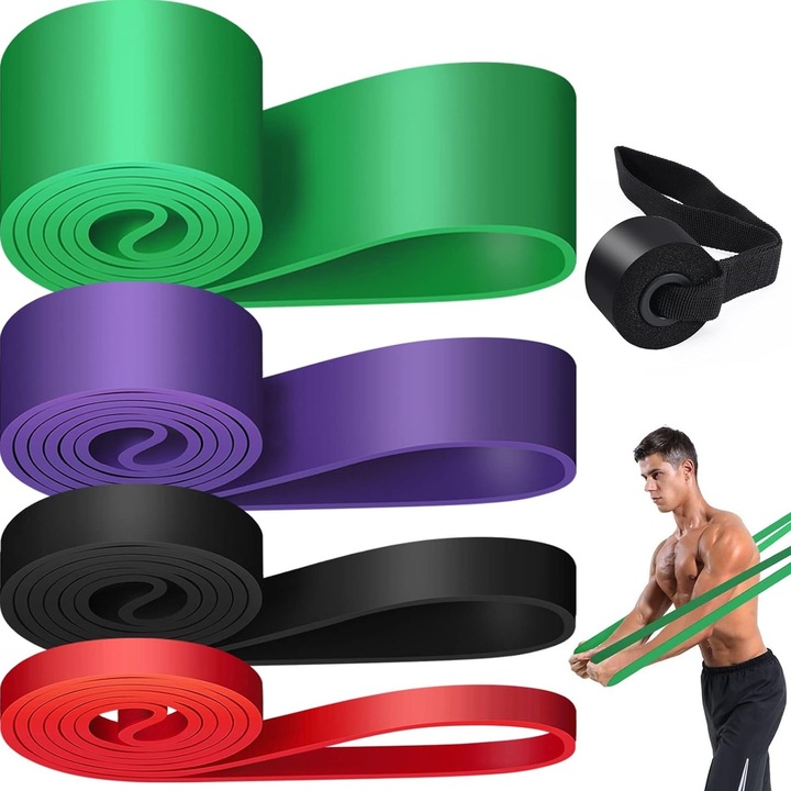 Set 4 benzi elastice, Hggzeg, Banda de rezistenta pentru fitness, Cu accesorii, Anti-alunecare, Ergonomic, 4 tipuri de rezistenta, Pentru antrenament sala, aerobic, yoga, pilates, reabilitare, Latex, 208cm, Multicolor