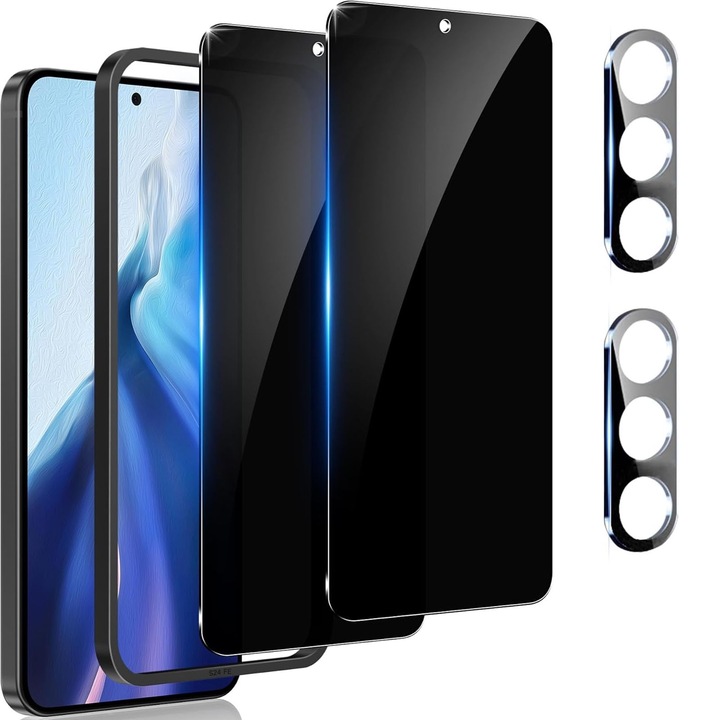 2 db-os adatvédelmi fólia készlet Samsung Galaxy S24FE 5G telefonhoz, Hggzeg, Privacy üvegfólia, Védőfólia, Könnyen szerelhető készlettel, 2 hátsó kameravédő fólia, 9H+ edzett üveg, Karcolásgátló, Üveg, Fekete