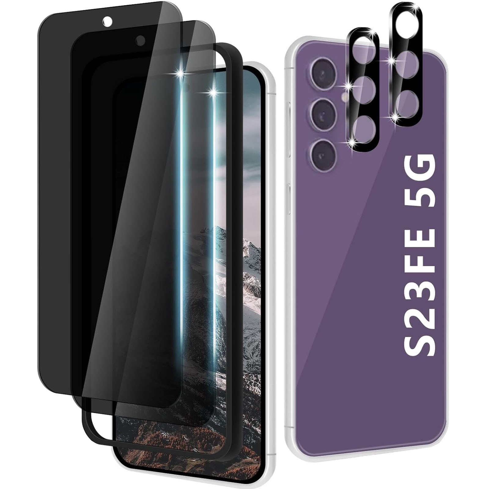 Set 2 folie de protectie privacy pentru Samsung Galaxy S23FE 5G, Hggzeg, Folie sticla privacy, Folie de protectie, Cu easy install kit, 2 folie protectie camera spate, Din sticla securizata 9H+, Anti zgarieturi, Sticla, Negru