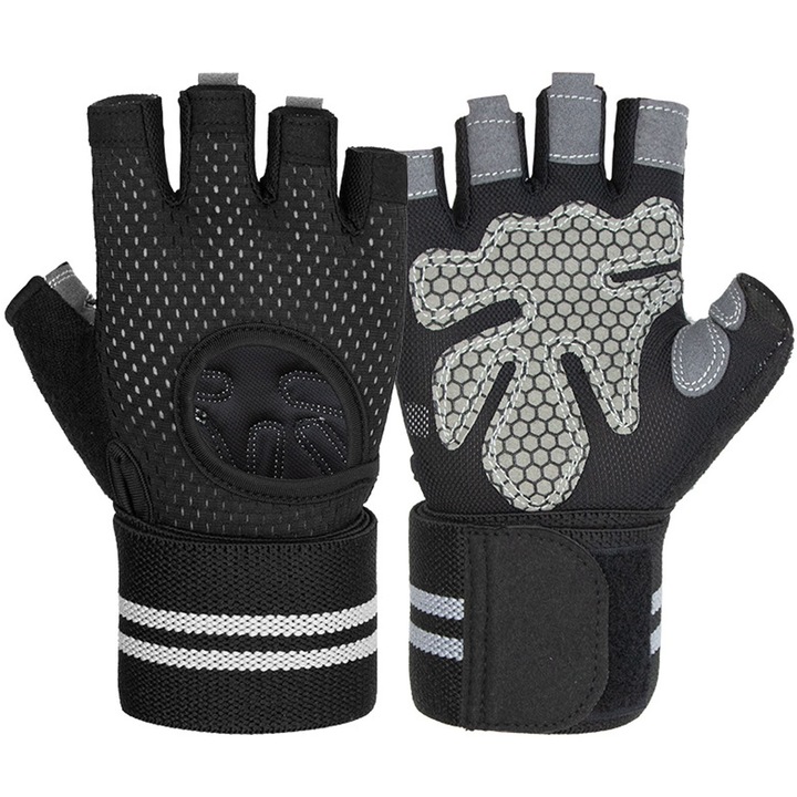 Ръкавици за фитнес и тренировка, Hggzeg, Ръкавици без пръсти, Със защита на дланта, Дишаща и устойчива на износване материя, Вградена каишка за китка, Може да се използва при силов трибой, набирания, Полиестер, Размер XL, Черни