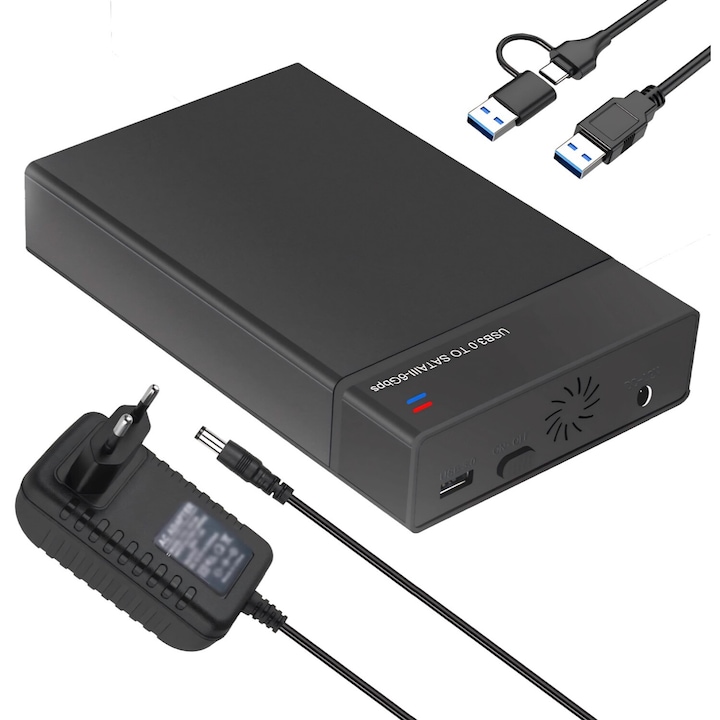 Кутия за външен твърд диск, Excitat®, външен шкаф, 2,5 и 3,5 инча, USB 3.0, съвместим с SATA I/II/III HDD SSD, USB A/C кабел, до 20TB, черен