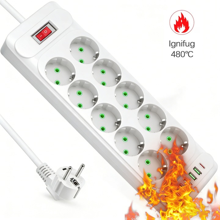 Prelungitor, BYONDSELF®, 2500 W, Protejat pentru Copii, 10 Prize, 4 USB, 2 USB-C, Cablu de 1.8 M, Alb