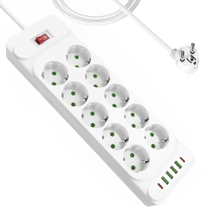 Удължителен кабел, BYONDSELF®, 2500 W, защитен от деца, 10 изхода, 4 USB, 2 USB-C, 1,8 M кабел, бял